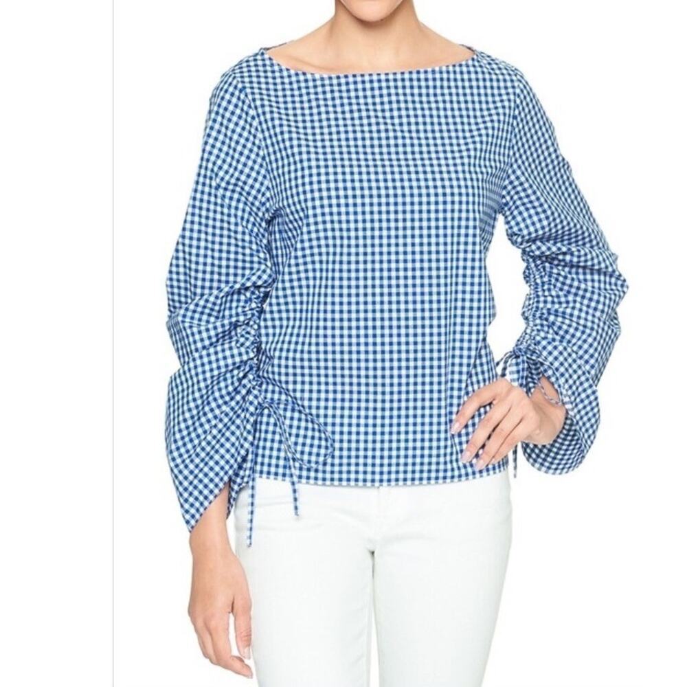 GAP Blue White Gingham Print Ruched 3/4 Sleeve Cotton Boatneck Blouse Size Small